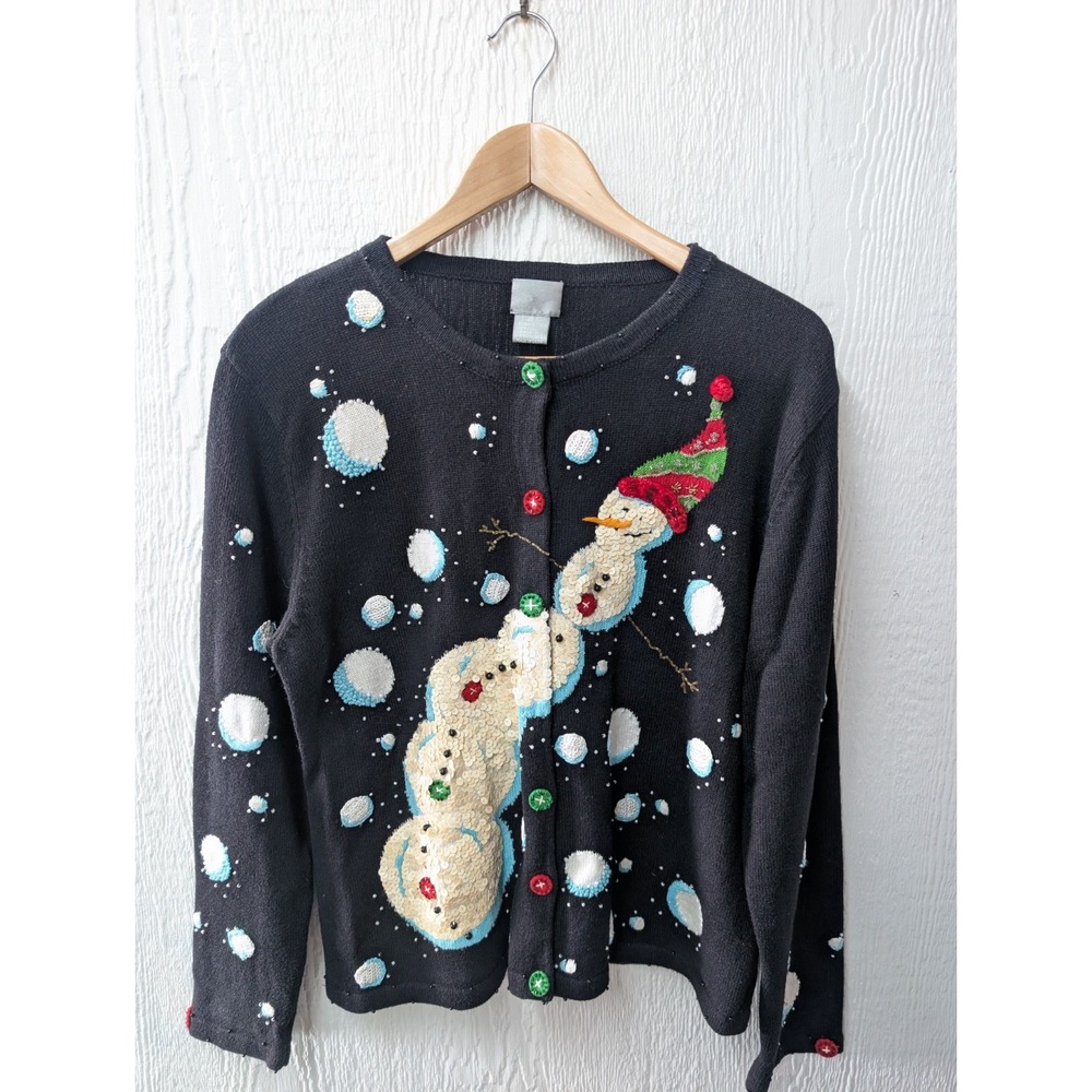 Berek Black Snowman Beaded Christmas Cardigan Sweater Whimsy Teacher Size XL